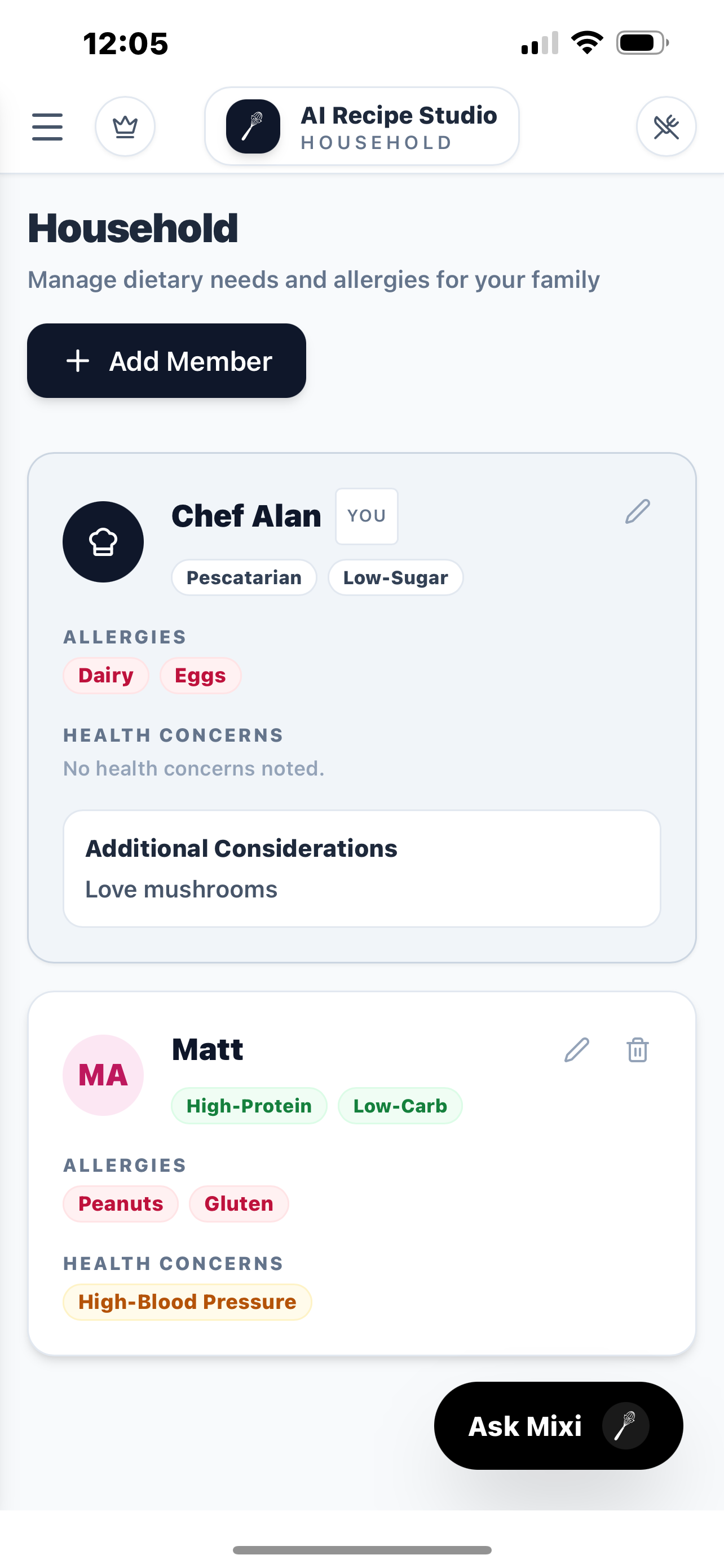 Household members and profiles screen