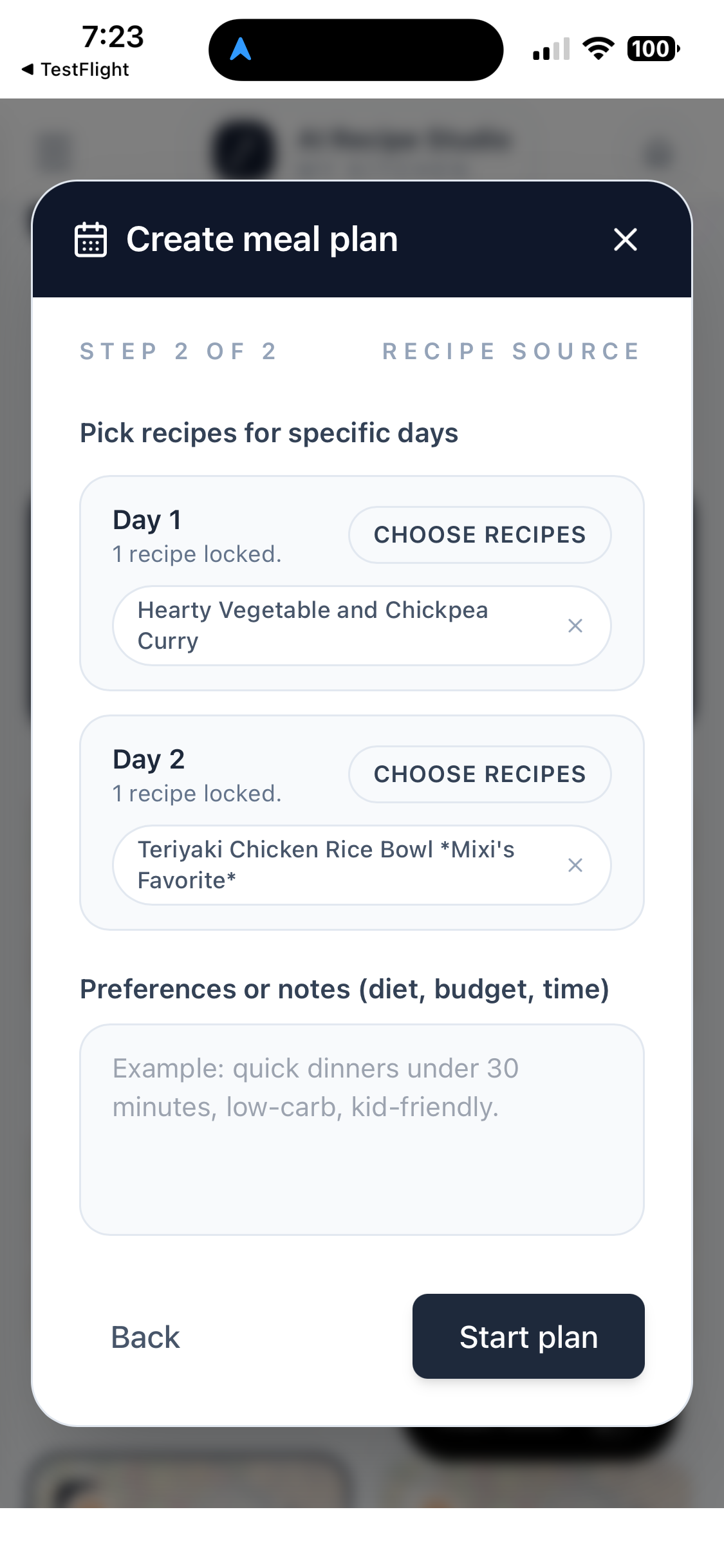 Meal planning screen