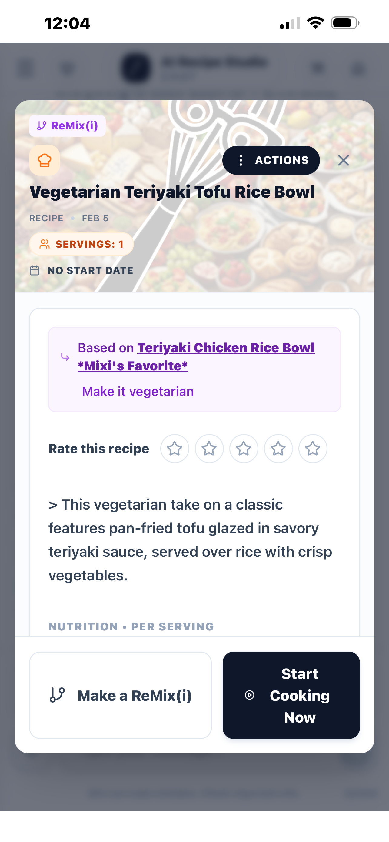 Finished recipe card with adaptation lineage